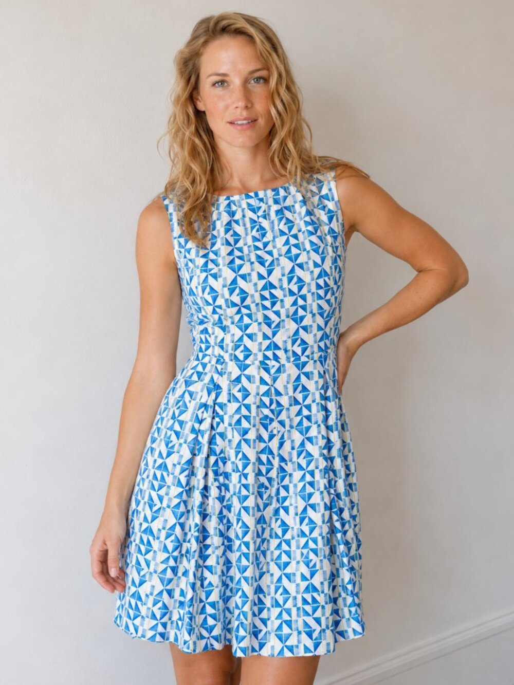 NWOT Pink Martini Blue White Yellow Geometric Fit-and-Flare Mini Dress Size L